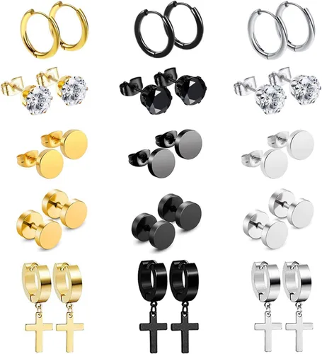 Vista 13 de OIDEA 12/14/15/18 pares de aretes para hombre: aretes de acero inoxidable para hombre, juego de aretes de aro colgantes con cruz, regalo de joyería