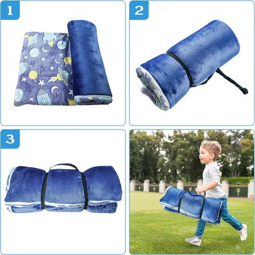 Vista 7 de Saco de dormir para niños que brilla en la oscuridad, para niñas y niños, tapete para siesta de 62 x 28 pulgadas, suave y cómodo para fiestas