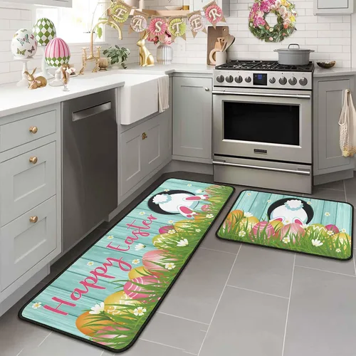 Vista 10 de Juego de 2 alfombras y tapetes de cocina de conejo de zanahoria y conejo, decoración de Pascua antideslizante, decoración de Pascua para el hogar