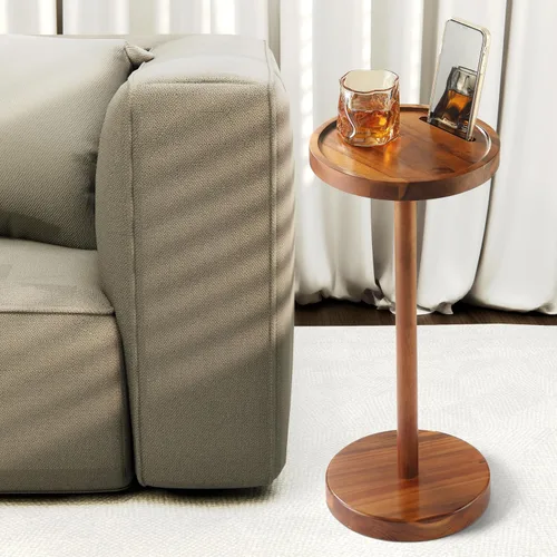 Vista 6 de Mesa auxiliar de pedestal, mesa de bebida de acacia con base pesada, mesa auxiliar redonda pequeña para espacios pequeños con soporte para teléfono