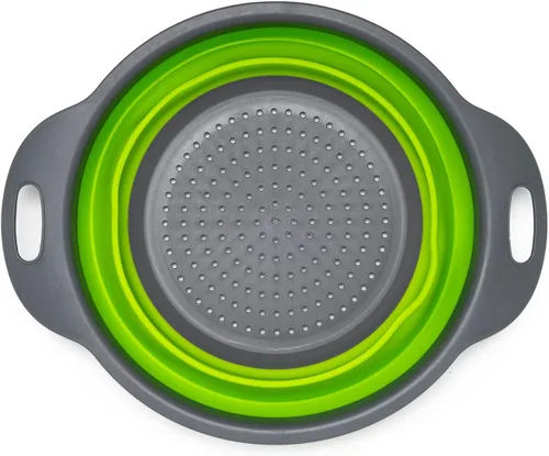 Vista 4 de Juego de 2 coladores plegables de silicona, de grado alimenticio, perfecto para drenar pasta, verduras y frutas (verde)