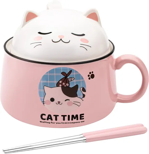 Vista 9 de Juego de cuencos para ramen con palillos, lindos cuencos de fideos instantáneos para ramen con diseño de gato lindo con tapa, cuencos de cerámica