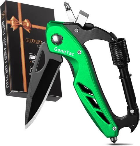 Vista 9 de Mosquetón multiherramienta con cuchillo de bolsillo, abrebotellas, rompevanas, destornilladores, equipo de supervivencia táctico EDC para acampar