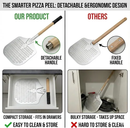 Vista 3 de Pala de pizza de aluminio de 14 x 12 pulgadas con mango de madera de haya desmontable Paleta perforada antiadherente de metal para lanzar, girar