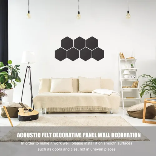 Vista 7 de Tablero de pared hexagonal de fieltro autoadhesivo, 12 unidades, azulejos de notas de boletín absorbentes de sonido para decoración del hogar Negro