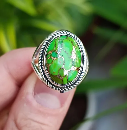 Vista 3 de Navya Craft Green Copper Turquoise Ring, 925 Sterling Silver Statement Promise Ring for Women, Natural Turquoise Oval Gemstone Handmade Boho