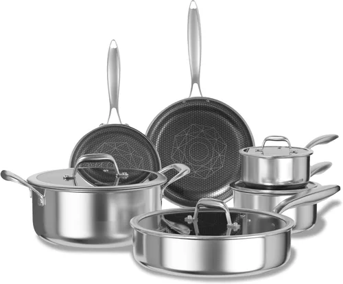 Vista 13 de COOKER KING Juego de utensilios de cocina de acero inoxidable, juego de ollas y sartenes antiadherentes, utensilios de cocina de cerámica híbrida