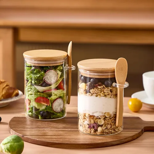 Vista 9 de Paquete de 4 recipientes de avena nocturna con tapas y cucharas de bambú - Tarros de vidrio herméticos de 22 onzas con tapa, tarros de preparación