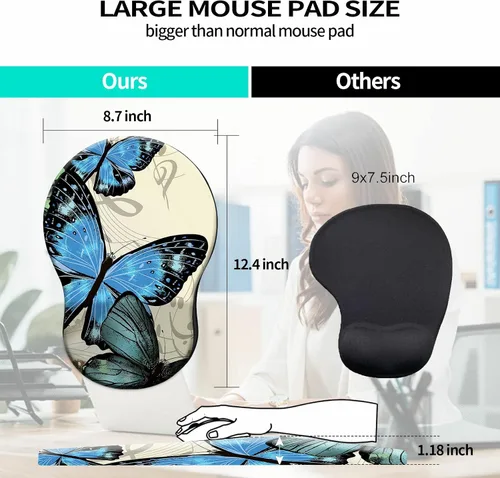Vista 2 de Alfombrilla de mouse con soporte para muñeca, diseño de mariposa azul, ergonómica, con reposamuñecas para computadora portátil, computadora, hogar