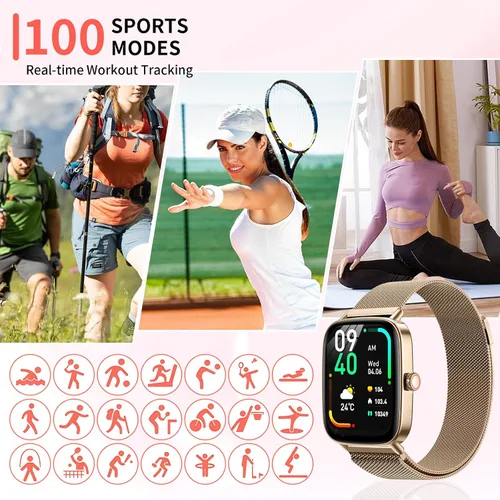 Vista 6 de Reloj inteligente para mujer Fitness Tracker dorado Bluetooth Make Answer Call, Waterproof, Android iPhone Samsung Compatible, Sleep Heart Rate