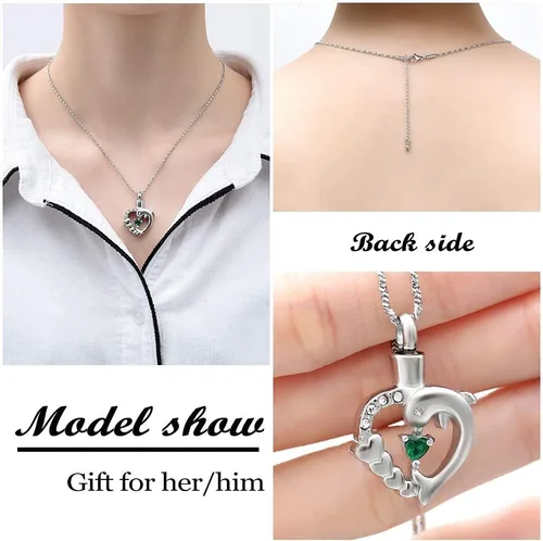 Vista 6 de Yinplsmemory Collar de urna de corazón de delfín para cenizas para mujer, colgante de urna de corazón de cristal, collar de recuerdo de cenizas