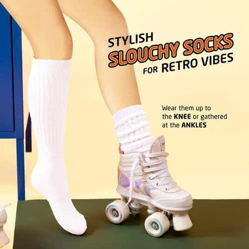 Vista 6 de HOT FEET Calcetines holgados para niñas, paquete de 6 calcetines altos apilados, calcetines largos de mezcla de algodón cálido para niños