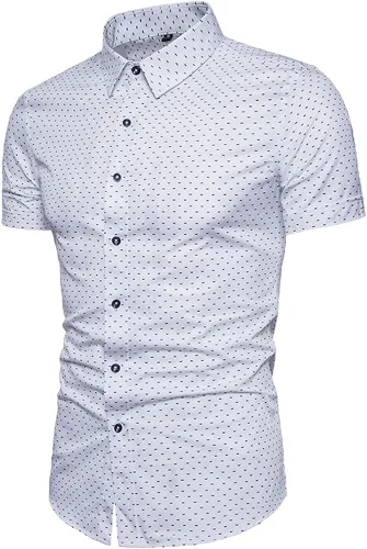 Vista 3 de MUSE FATH Camisa de vestir estampada para hombre de algodón casual de manga corta ajuste regular
