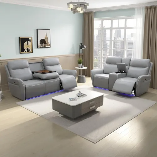 Vista 10 de Air Leather - Juego de sofá reclinable eléctrico con LED, juegos de muebles de sala de estar, juego de sofá reclinable eléctrico con puertos USB