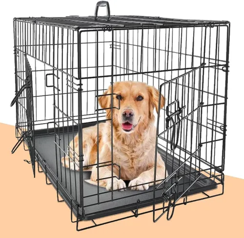 Vista 9 de Jaula para perros extra grande de 48 pulgadas, diseño de doble puerta a prueba de fugas con panel divisor, plegable con bandeja extraíble, uso