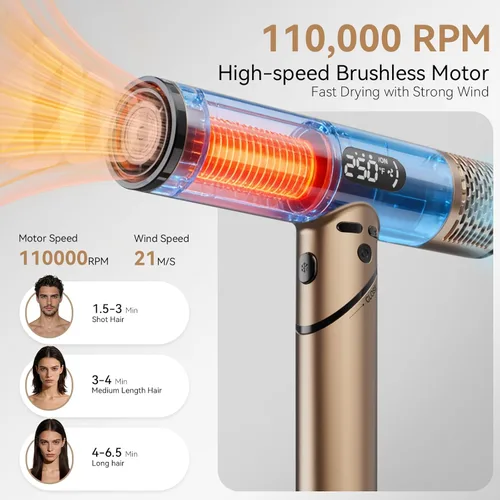Vista 3 de Secador de pelo de alta velocidad de 110,000 RPM, secador de pelo iónico profesional de 1600 W con difusor, secado rápido, bajo ruido, plegable