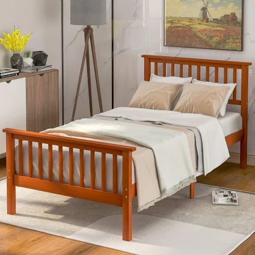 Vista 7 de Base de cama individual de madera de pino, cama de plataforma con cabecero, listones de madera maciza, rieles laterales de estribo, 6 patas