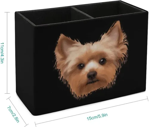 Vista 2 de Yorkshire Terrier - Lindo soporte para bolígrafos de cuero para perros Yorkie para lápices, cajones de almacenamiento de escritorio, organizador