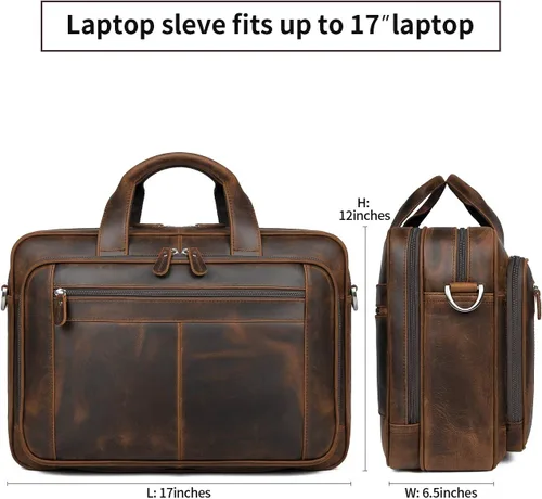 Vista 4 de Augus - Maletín de cuero para hombre de 16 pulgadas, bolso de hombro para laptop con correa de equipaje 100% full-grain leather, YKK zip, fits