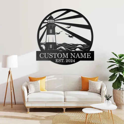 Vista 2 de Letreros de faro de metal personalizados Arte de pared de cabina al aire libre personalizado para playa costera Letrero de apellido Regalo