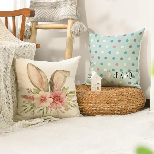 Vista 5 de AVOIN colorlife Juego de 4 fundas de cojín de Pascua con diseño de búfalo y flor de conejo de Pascua Be Hoppy Bule, 18 x 18 pulgadas, diseño