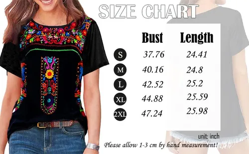 Vista 7 de Melliflo Camisetas mexicanas de manga corta para mujer, bordadas florales, sueltas, estilo étnico, camisetas bohemias