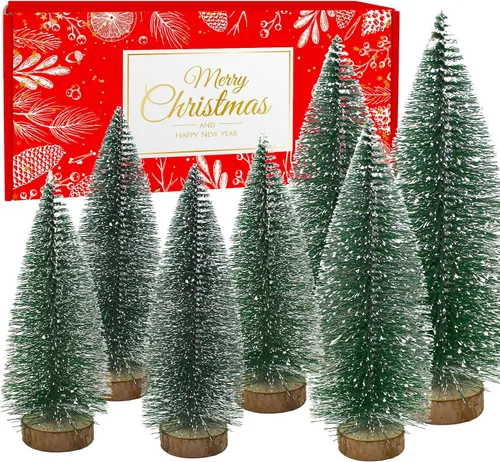 Vista 8 de Mini árbol de Navidad con luces, árboles de Navidad de cepillo de botella con base de madera, mini árbol de pueblo navideño de mesa