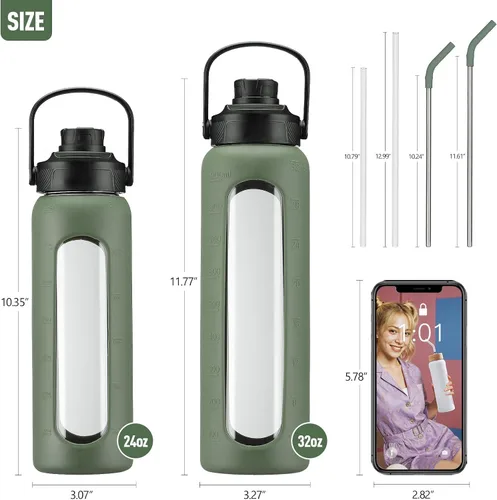 Vista 42 de Botella de agua Kodrine con pajita, botella de vidrio de 24 oz con 2 tapas, una de pajita de bambú y otra con pico y asa, botella de vidrio