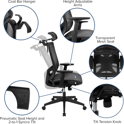 Vista 5 de Flash Furniture Layla - Silla de oficina ergonómica de malla con inclinación sincronizada, reposacabezas ajustable pivote, soporte lumbar, colgador