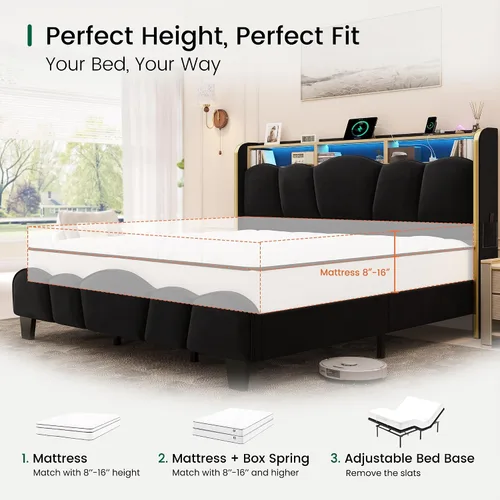 Vista 15 de LARMACE Base de cama tamaño King con luces LED y estación de carga, plataforma tapizada de terciopelo con cabecera de almacenamiento, no necesita