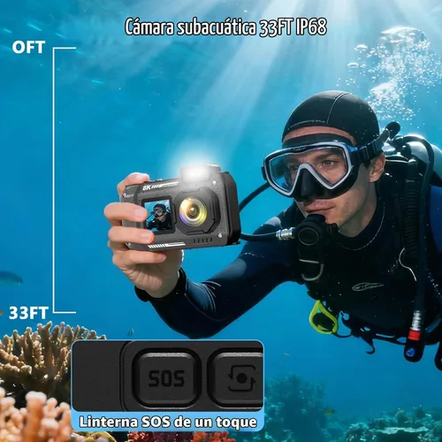 Vista 3 de Cámara Digital Impermeable 8K para Esnórquel: 70MP 33FT Cámara Subacuática Compacta Resistente HD de Doble Pantalla con Zoom de 18X Selfie, Tarjeta
