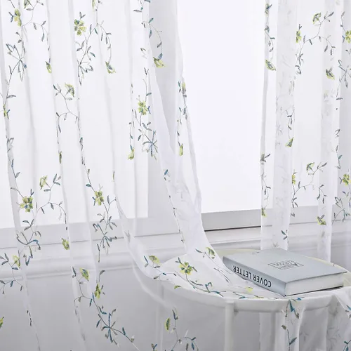 Vista 24 de Taisier Home Cortinas Traslúcidas Blancas Florales con Estampado de Flores y Bordado de Enredaderas para Dormitorio, Cortina con Bolsillo