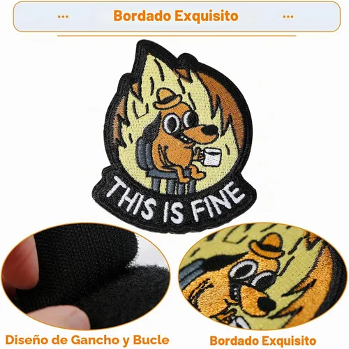 Vista 2 de XMJY Parche de Perro This is Fine, 1 Pieza Parches Bordados con Meme Divertido, Parche Táctico Militar de Ánimo con Respaldo de Cierre de Gancho