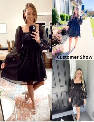 Vista 3 de KOJOOIN Vestido midi de malla para mujer, manga abombada, cuello cuadrado