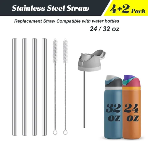 Vista 2 de 4 piezas de pajitas de acero inoxidable de repuesto compatibles con botella Owala 24 oz 32 oz, pajitas reutilizables con 2 cepillos de limpieza
