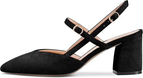 Vista 2 de Aachcol Zapatos de tacón medio bajo para mujer, con correa al tobillo, puntera puntiaguda, zapatos de vestir para oficina, fiesta, boda, gamuza