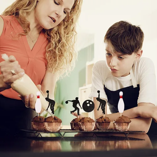 Vista 7 de 24 piezas de adornos para cupcakes con purpurina para jugadores de bolos para jugadores de bolos, selecciones de cupcakes, deportes