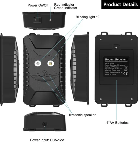 Vista 7 de Tirgo 2 piezas Repelente de Roedores para Coche Bajo el Capó, Repelente de Ratones Ultrasónico con Luz Estroboscópica, Alimentado por Batería