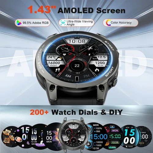 Vista 7 de Reloj inteligente para hombre, rastreador de actividad física, GPS: relojes inteligentes militares para Android/iPhone Gps Watch 1.43 "AMOLED Hacer