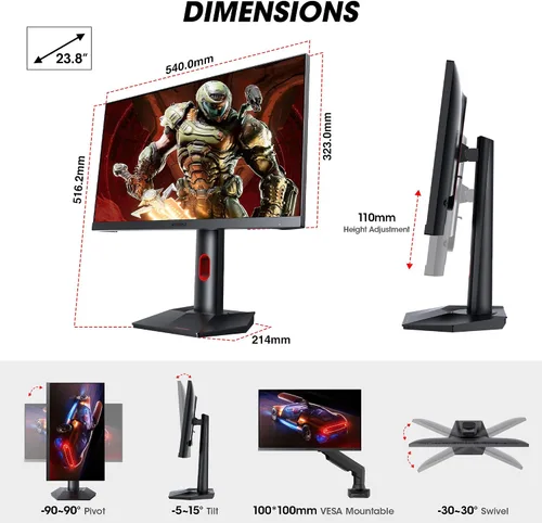 Vista 8 de KOORUI - Monitor para juegos, pantalla Nano IPS QHD de 24", monitor de computadora 1440P 165Hz, pantalla PC 2K de 1ms, 100% sRGB, sincronización