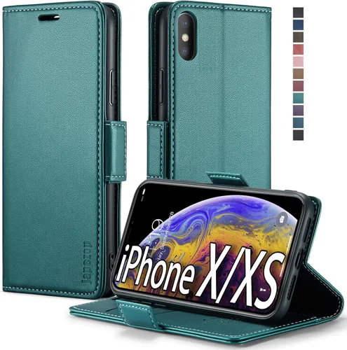 Vista 11 de japezop Funda tipo cartera compatible con iPhone Xs/iPhone X con tarjetero y bloqueo RFID, funda de cuero suave con soporte magnético y funda Negro