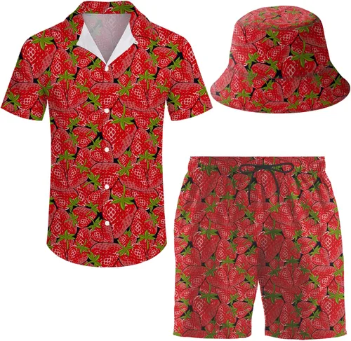 Vista 39 de Conjunto deportivo de 2 piezas para hombre, camisa hawaiana, pantalones cortos, camisa con botones y pantalones cortos con sombreros de pescador