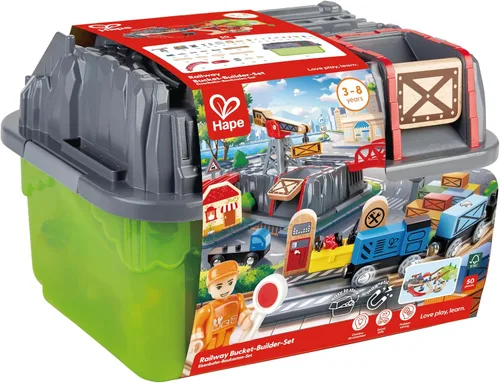 Vista 2 de Hape Conjunto Railway Bucket Builder Juguete de Tren de Madera Multicolor de 50 Piezas, Kit de Construcción para Niños