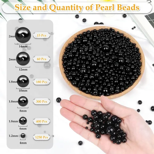 Vista 3 de Anezus 2205 Piezas Perlas Negras para Manualidades, Tamaños Surtidos de Perlas Falsas, Perlas para Coser, Perlas Sueltas a Granel con Agujeros