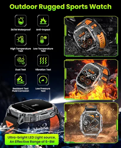 Vista 2 de Joautrial Reloj inteligente militar para hombre con GPS incorporado con linterna LED y brújula, relojes inteligentes tácticos AMOLED de 2.13