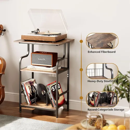Vista 13 de Soporte para tocadiscos, mesa para tocadiscos de 3 niveles, almacenamiento de discos de vinilo con escritorio extragrande, mesa auxiliar para discos