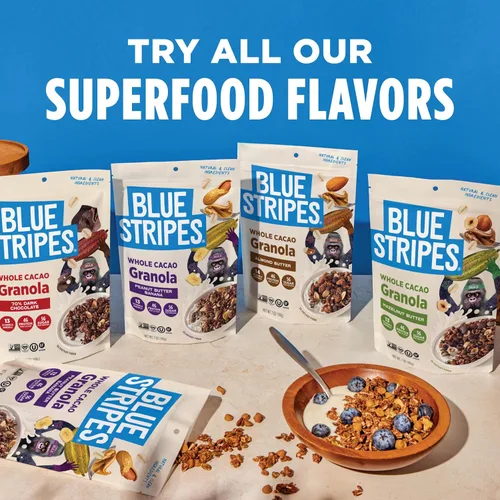 Vista 6 de Blue Stripes Granola de cacao entero con mantequilla de maní y plátano, 8 onzas