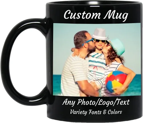 Vista 2 de Taza de café personalizada, taza de café personalizada, taza de cerámica negra de 11 onzas con texto o logotipo, regalo personalizado de doble cara