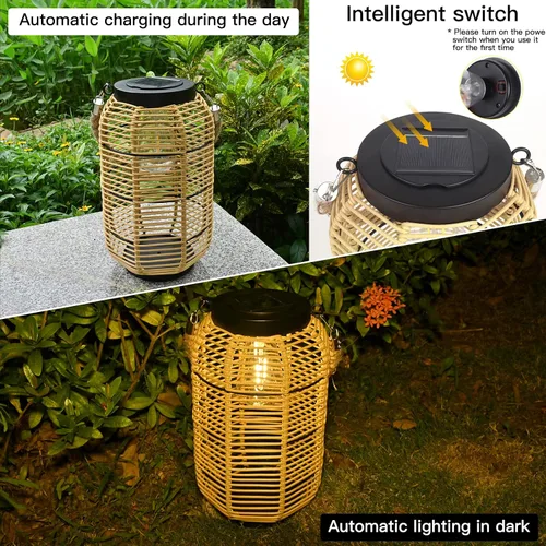 Vista 9 de Livinlarge Linterna Solar para Exterior Colgante, Gran Linterna Solar de Ratán para Exterior Impermeable con Mango de Cuerda, Linternas Brillantes