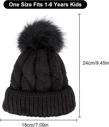 Vista 2 de YSense Wear 2 Pack Toddler Kids Winter Warm Fleece Lined Beanie Hats for Boys and Girls Crochet Hairball Knit Cap 1-6 Years